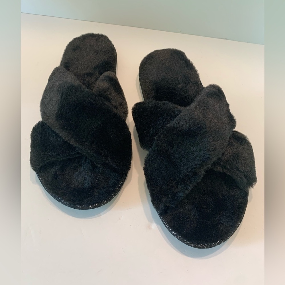Totes Black Faux Fur House Slippers Slides Open Toe Size Medium 7-8